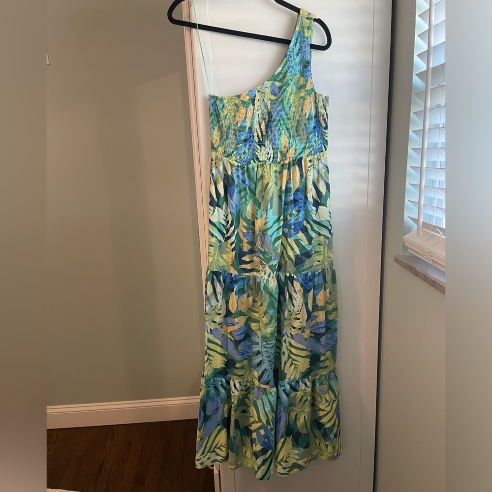 One shoulder botanical print dress